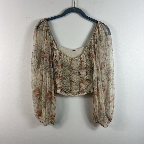 Free People Lilia Ruched Cropped Top Size S Ivory Floral Boho Coachella Party - Picture 2 of 14